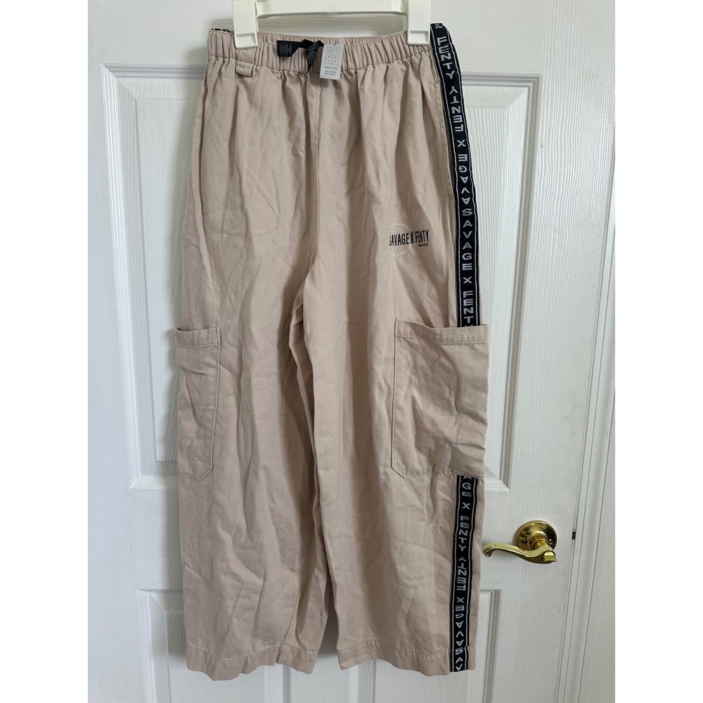 Savage X Fenty Beige Cargo Pants Size S Elastic Waist Logo Tape Casual Lounge